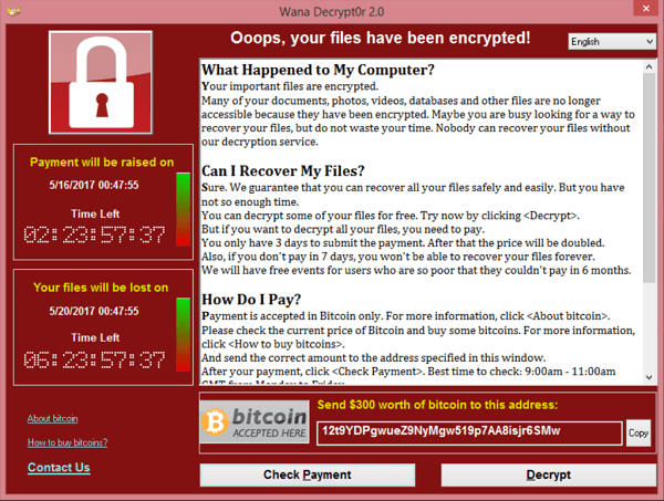 A screenshot of a ransom note left on an infected system from WannaCry