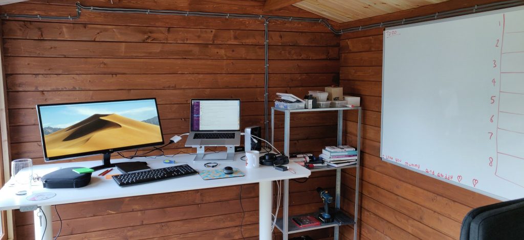 A Sureviner's office setup in his lovely shed, designed for remote working!